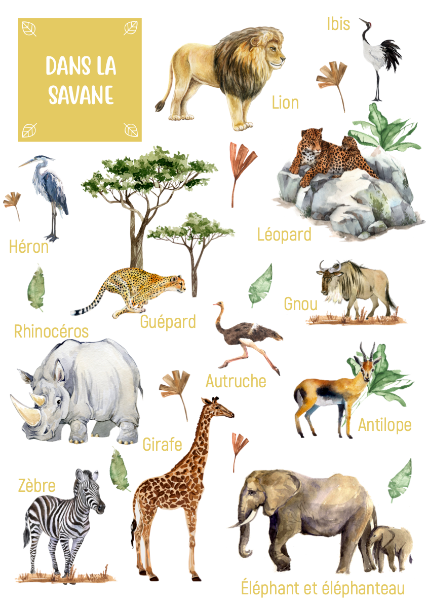 Posters des animaux de la savane